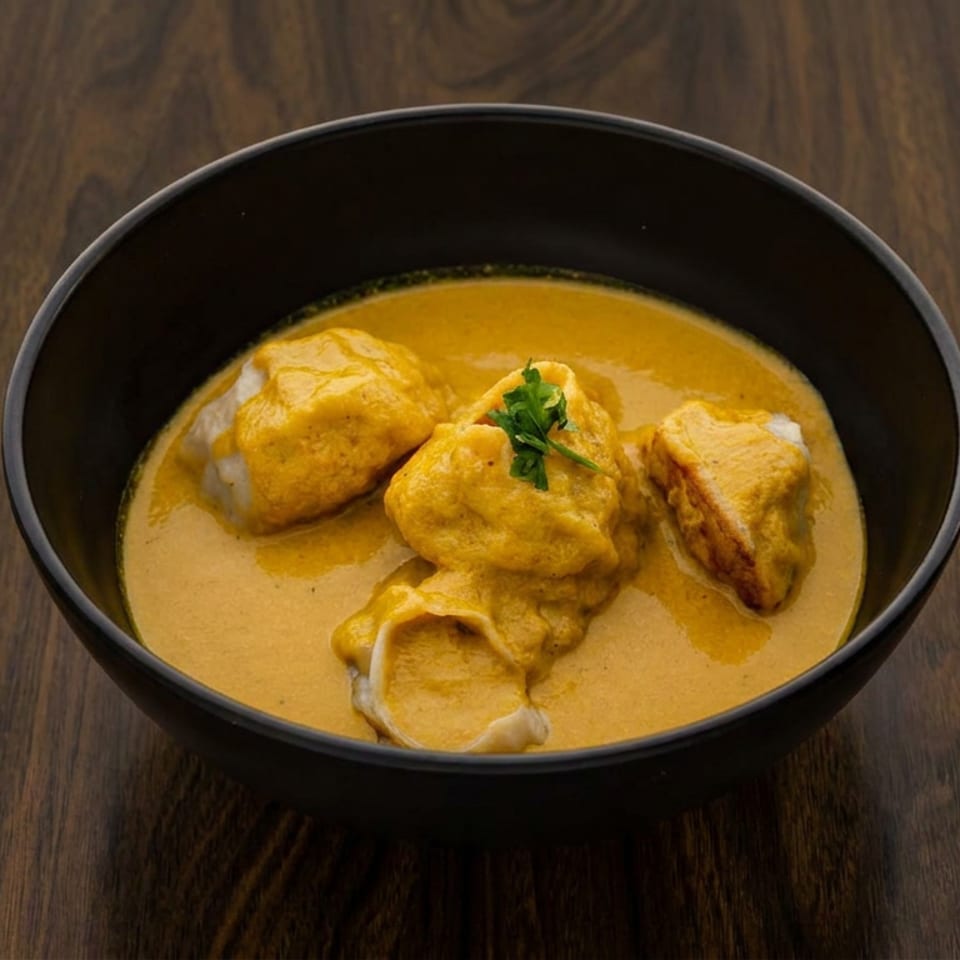 Black bowl of golden curry with four dumplings, garnished with cilantro, on a dark wooden table.