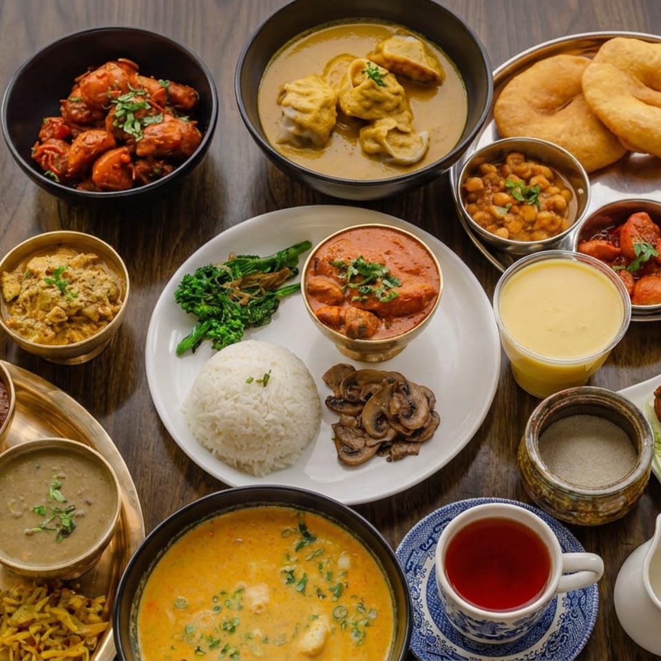 Overhead spread of Indian and Nepalese dishes, including dumplings, curries, rice, naan, fried snacks, chutneys, and tea.