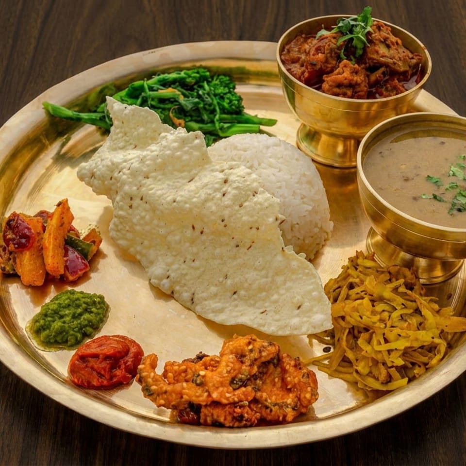 Indian thali platter with rice, papad, curries, vegetables, chutneys, and fried snacks served on a brass plate.