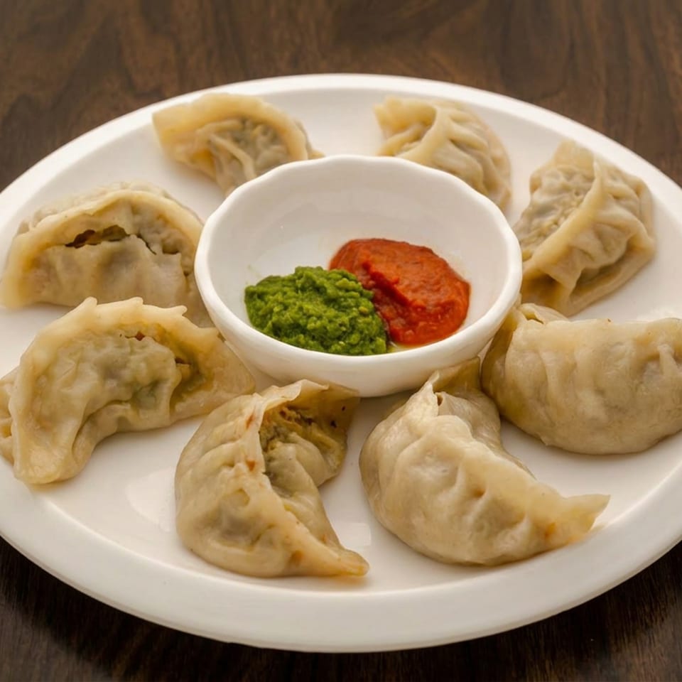 Plate of steamed dumplings arranged around green and red dipping sauces on a white bowl, set on a wooden table.