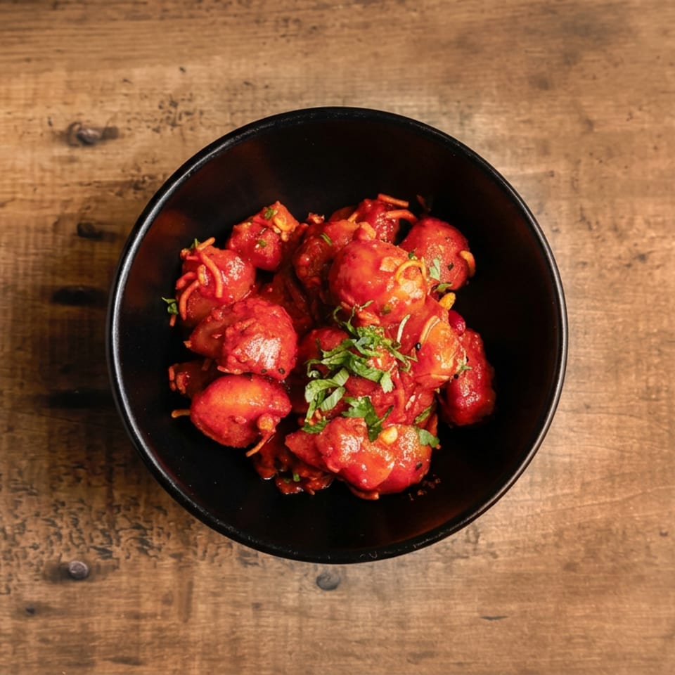 Black bowl of red-sauced gnocchi topped with shredded cheese and fresh herbs on a rustic wooden table.