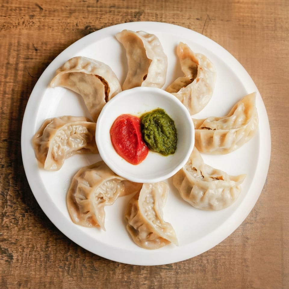 Plate of steamed dumplings arranged around red and green dipping sauces on a rustic wooden table.
