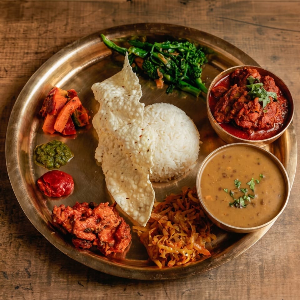 Indian thali platter with rice, papad, curries, lentils, vegetables, pickles, and chutneys on a rustic wooden table.
