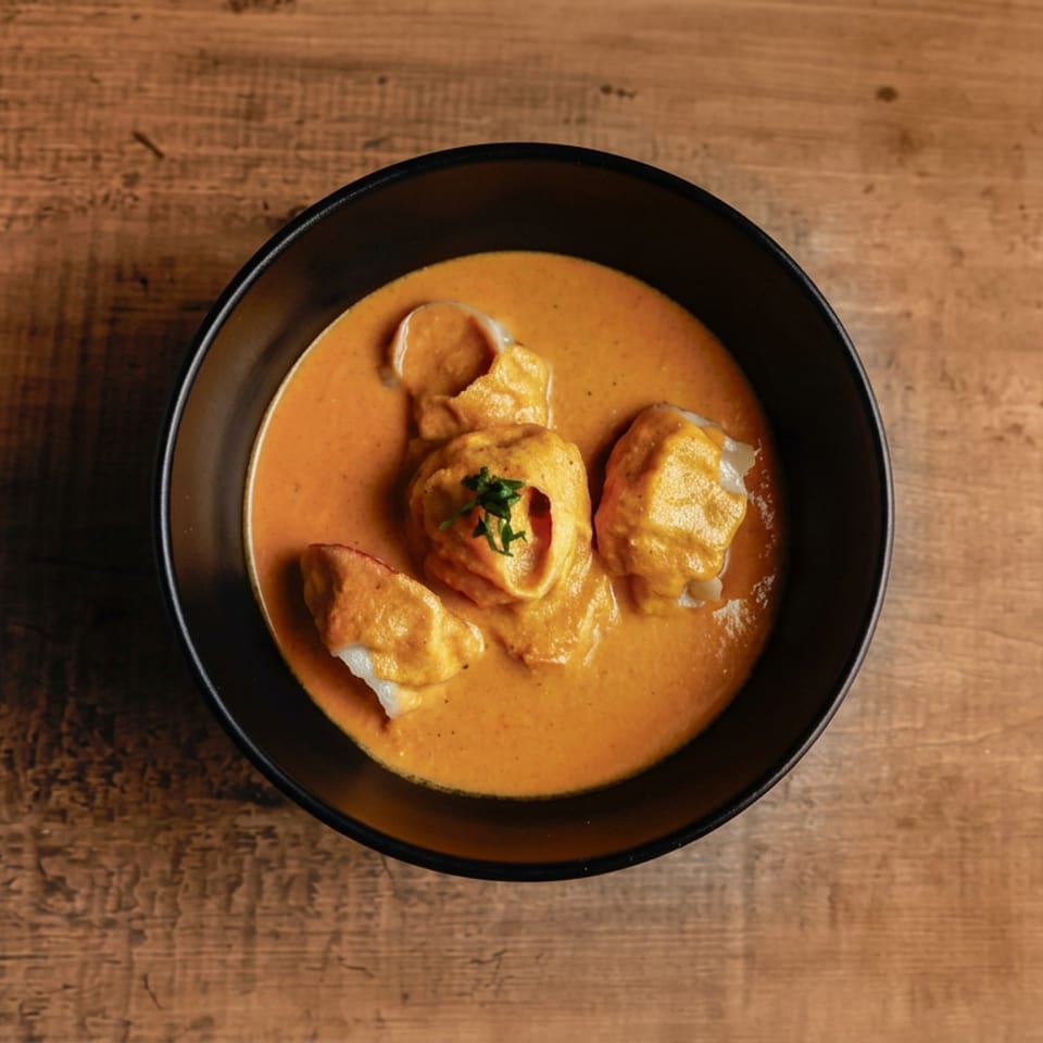 Black bowl of dumplings covered in creamy orange curry sauce, garnished with fresh herbs on a rustic wooden table.