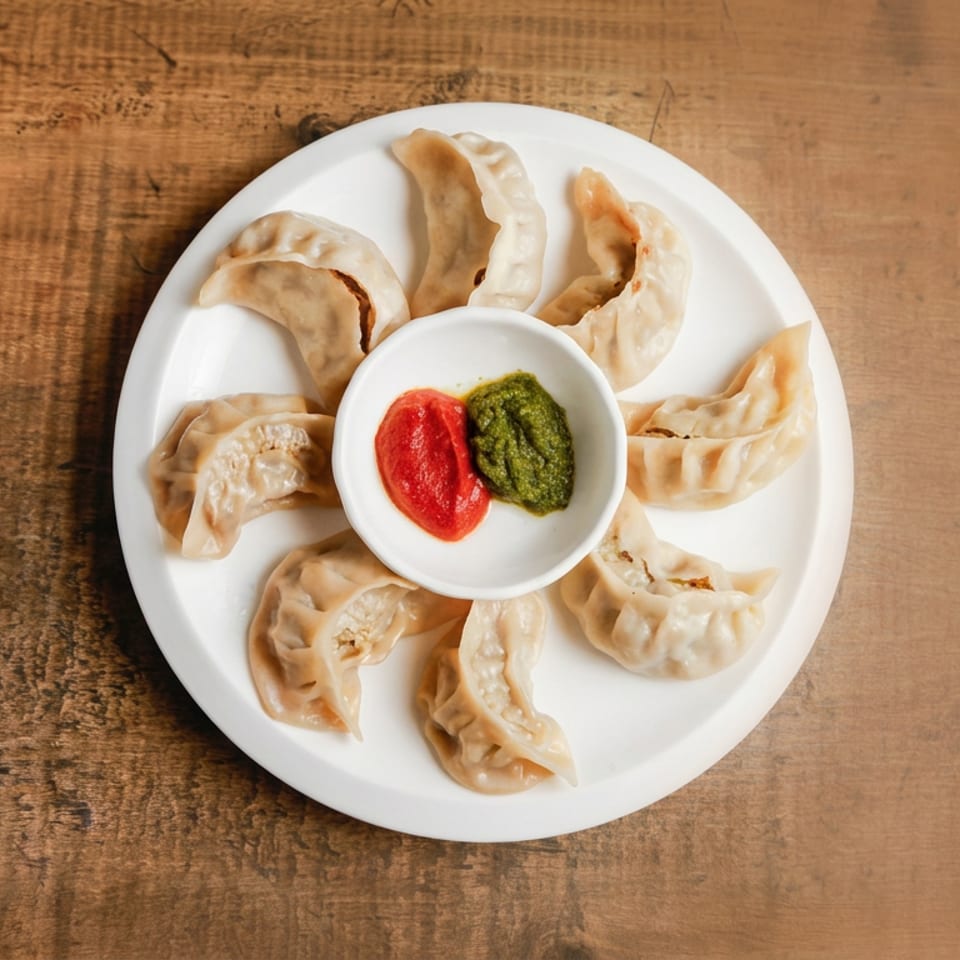 Plate of steamed and pan-fried dumplings arranged around red and green dipping sauces on a wooden table.
