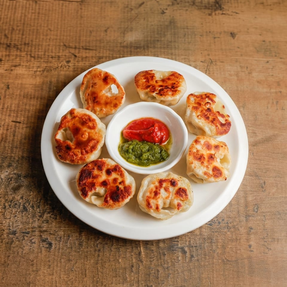Plate of browned dumplings surrounding red and green dipping sauces on a rustic wooden table.